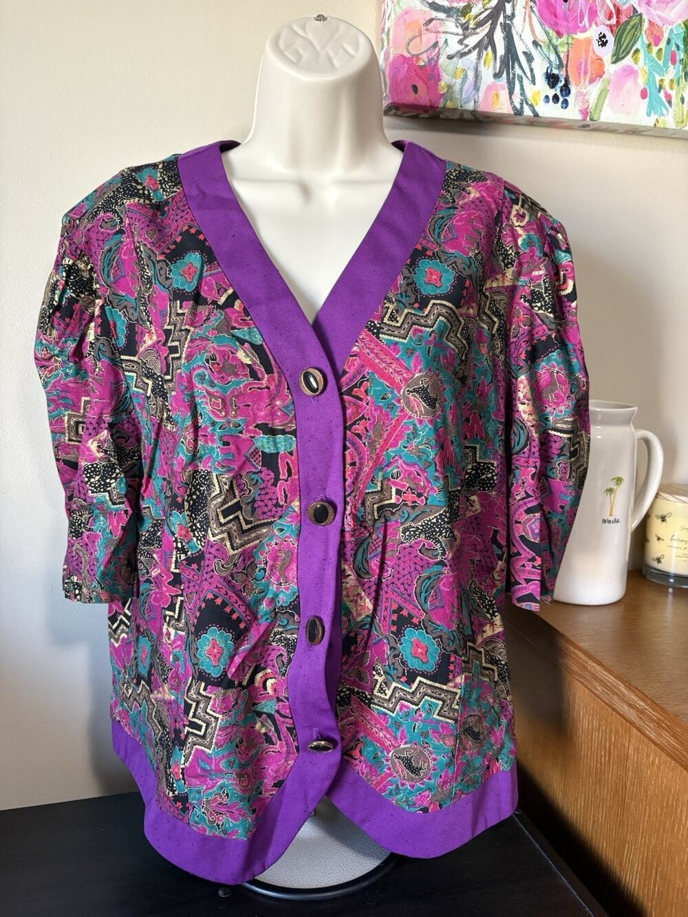 Gregory Designs Vintage Women’s Blouse Size Large Y2K 1990s Geometric Purple Top